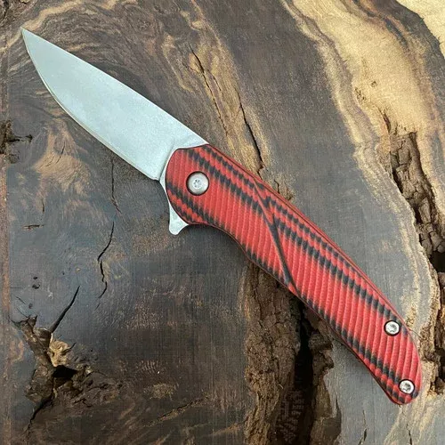 Peter Martin Mid-Tech BFF Flipper Red/Black Handle Hand Ground Stonewash Blade